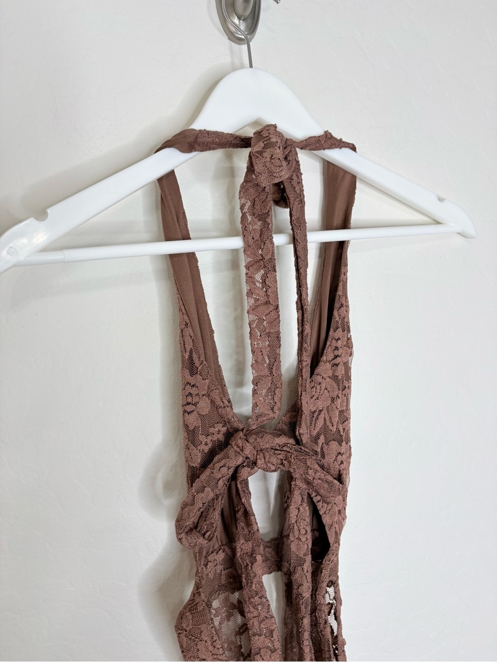 Outcast Lace Flare Jumpsuit Brown XS Halter Cutout Sheer Festival Outfit - Picture 6 of 8